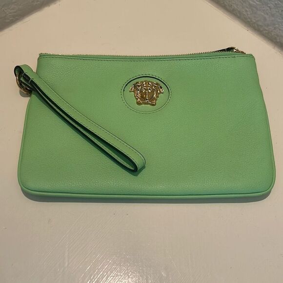 Versace Zip Top Medusa Emblem Wristlet Clutch Lime Green Leather Luxury - Picture 1 of 13